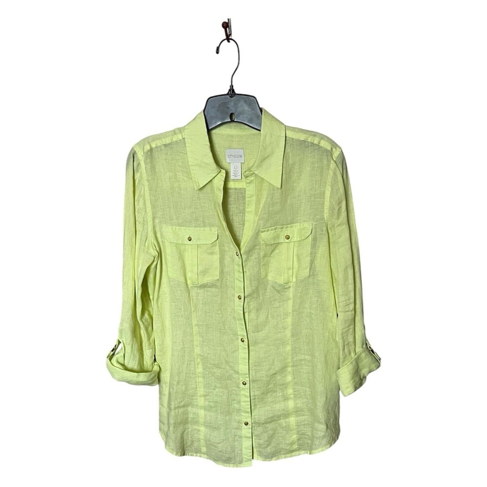 Chico's Linen London Utility Pale Lime Green Button Front Shirt Size 0 or Small